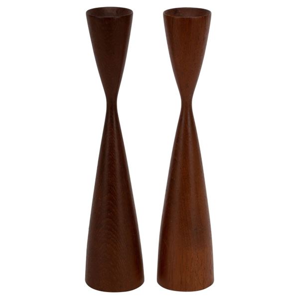MCM Digsmed Denmark Teak Wood Candlestick Pair