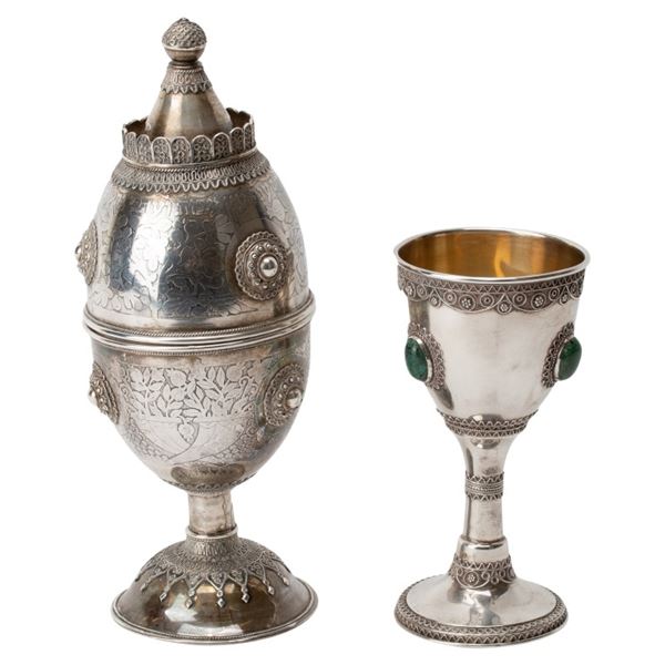 Signed Sterling Judaica- Etrog Holder, Kiddush Cup