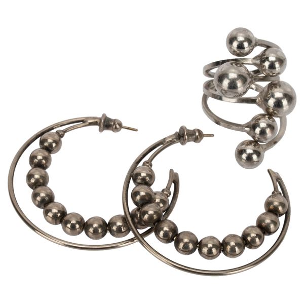 Mid-Century Modern Chrome Earrings, Ring