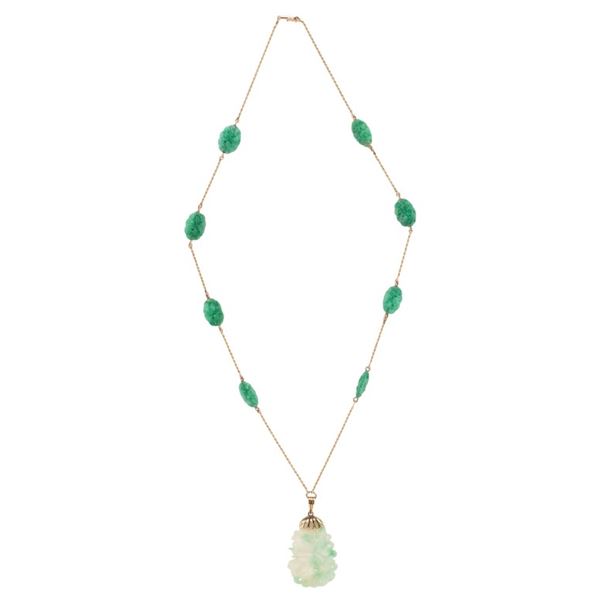 14K Chinese Carved Jade Pendant Necklace