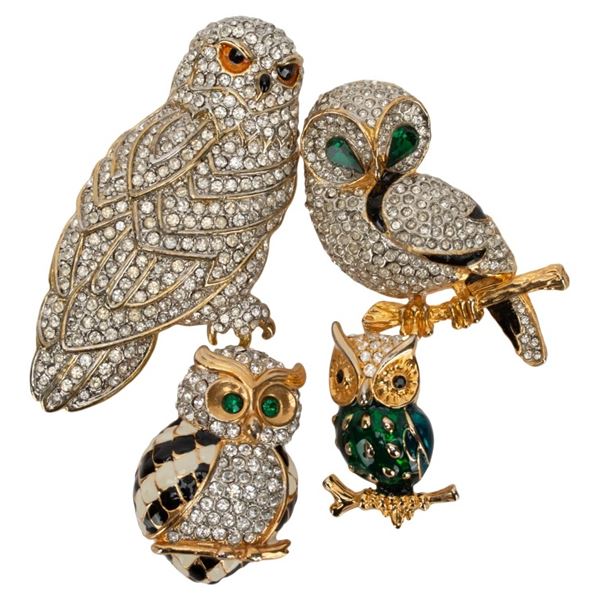 Gold Tone Rhinestone Figural Owl Brooch Lot