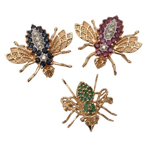 14K Gold Jeweled Bee Brooches