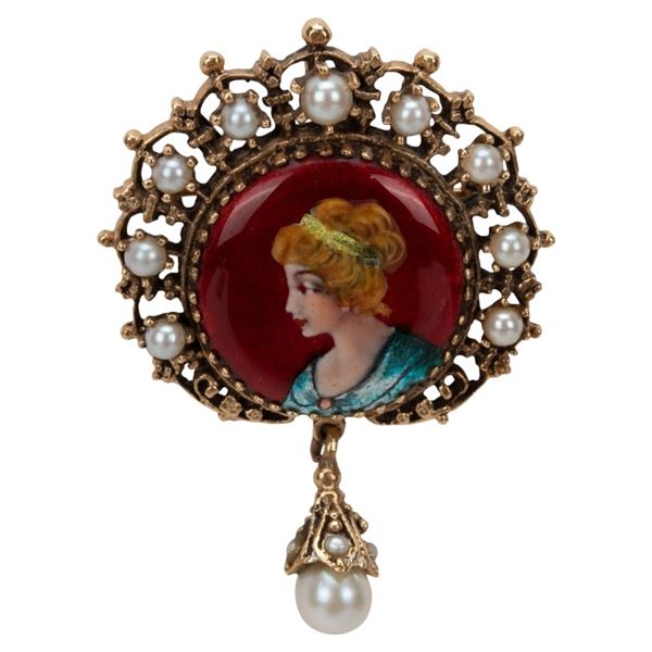 14K Henri Cheron Limoges France Portrait Brooch