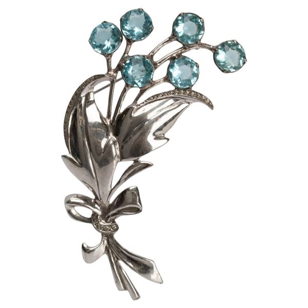 Sterling Blue Glass Gemstone Floral Bouquet Pin
