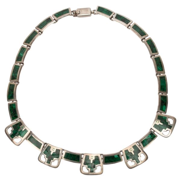 Taxco Mexico Sterling & Inlaid Malachite Necklace