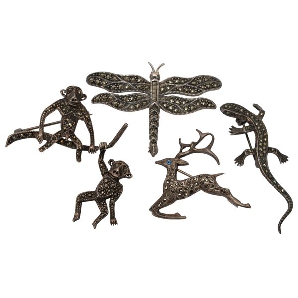 Silver & Marcasite Figural Animal Brooch Lot