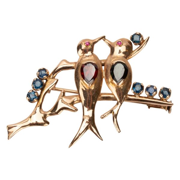 18K Jeweled Love Birds on a Branch Figural Brooch