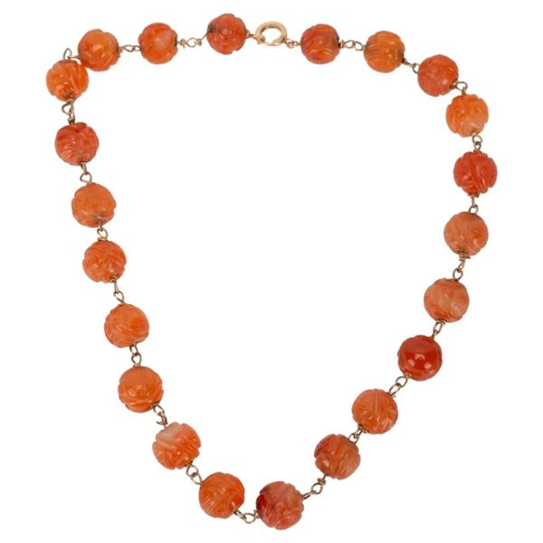 14K Chinese Carved Orange Carnelian Bead Choker