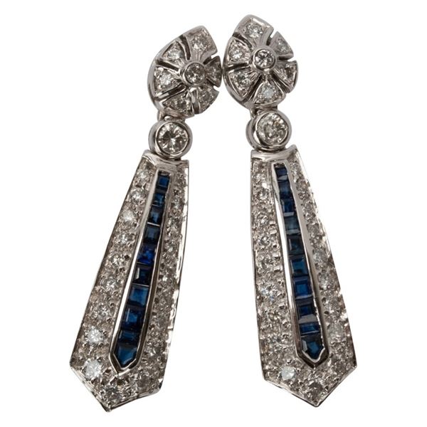 14K Diamond & Sapphire Art Deco Style Earrings