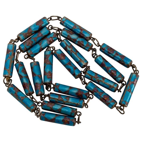 Chinese Gilt Silver Blue Enamel Bead Necklace