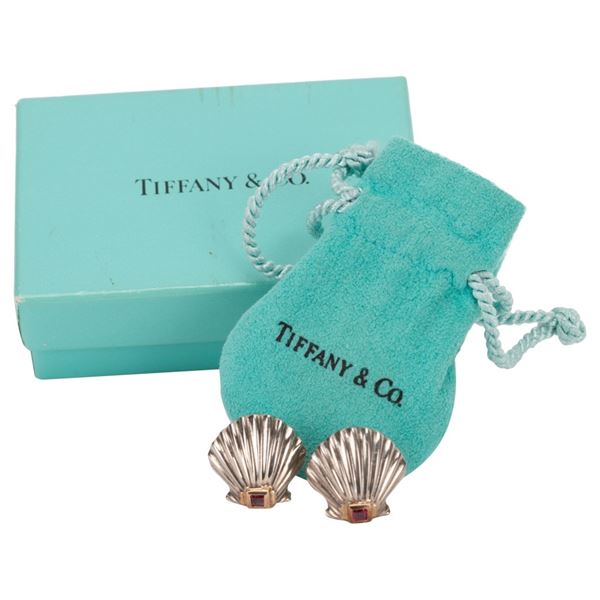Tiffany & Co. Silver 14K Ruby Shell Earrings