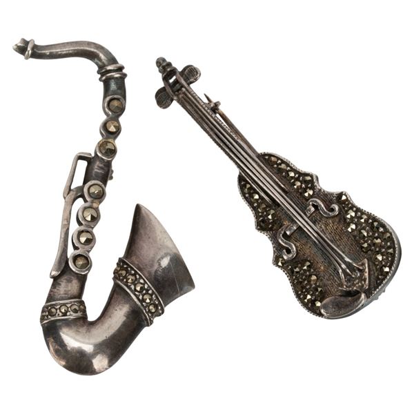 Sterling & Marcasite Musical Instrument Pin Lot