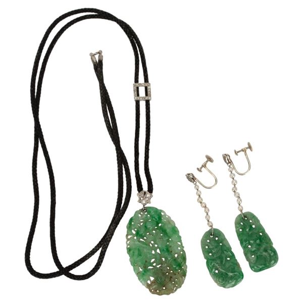 Art Deco 14K Jade, Seed Pearl and Diamond Parure