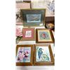 Image 8 : ASSORTED SHELF LOT OF PRINTS, FLOWER ART, EMBROIDERY, FIGURINES, DECANTER WITH GLASSES & MORE