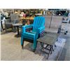Image 1 : LARGE LOT OF ASSORTED PATIO FURNITURE INCLUDING; SWING LOVESEAT, ADIRONDACK CHAIRS, TABLES, AREA