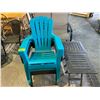 Image 2 : LARGE LOT OF ASSORTED PATIO FURNITURE INCLUDING; SWING LOVESEAT, ADIRONDACK CHAIRS, TABLES, AREA