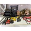 Image 2 : SHELF OF ASSORTED TOOLS INCLUDING; DEWALT DRILL, ASSORTED BATTERIES, JACK STANDS & MORE