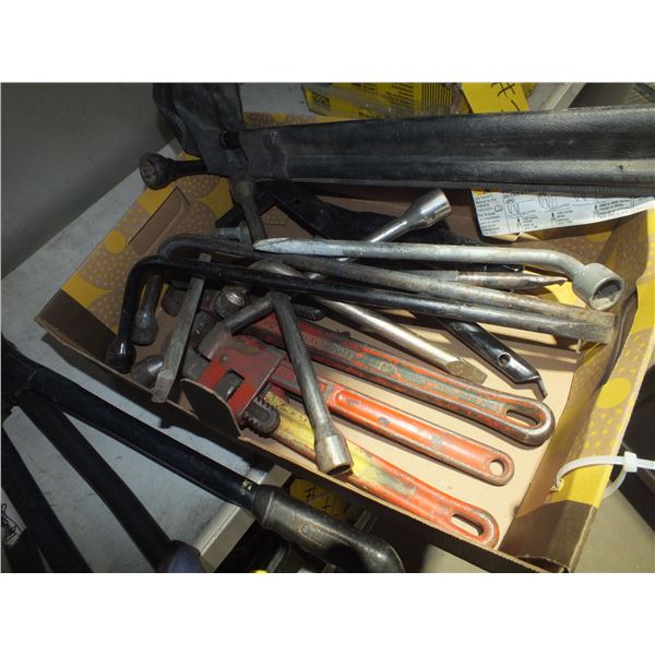 Box Of Assorted Wheel Wrenches & Pipe Wrenches