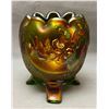 Image 1 : Northwood Green Carnival Glass "Fine Cut & Roses" 3-Footed Rosebowl (Circa 1909)
