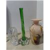 Image 2 : Lot of 3 various vases, glass decanter and candle holder'