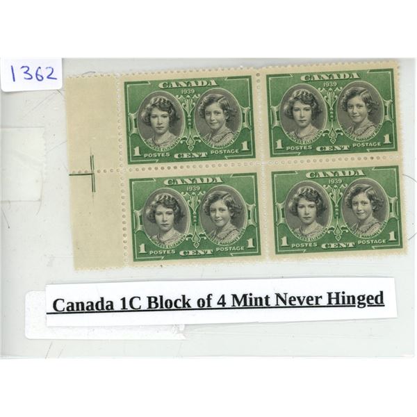 Canada 1C Block of 4 Mint Never Hinged Stamp.