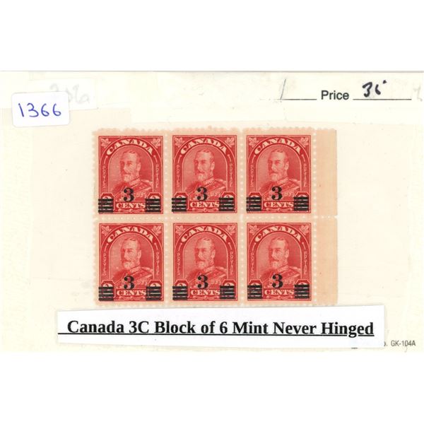 Canada 3C Block of 6 Mint Never Hinged Stamp.