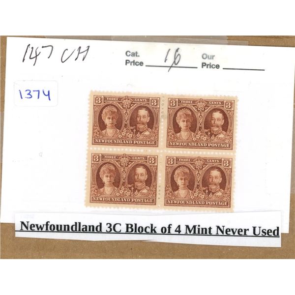 Newfoundland 3C Block of 4 Mint Never Used Stamp.