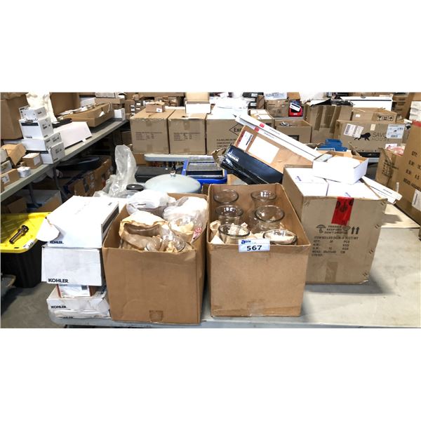 MIXED ITEMS INCL BOX O F CNA LED GIMBAL DOWNLIGHT, GLASS VASES, KOHLER PRODUCTS AND MORE