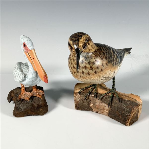 2pc Hand Carved Wooden Bird Figurines, Sandpiper and Pelican