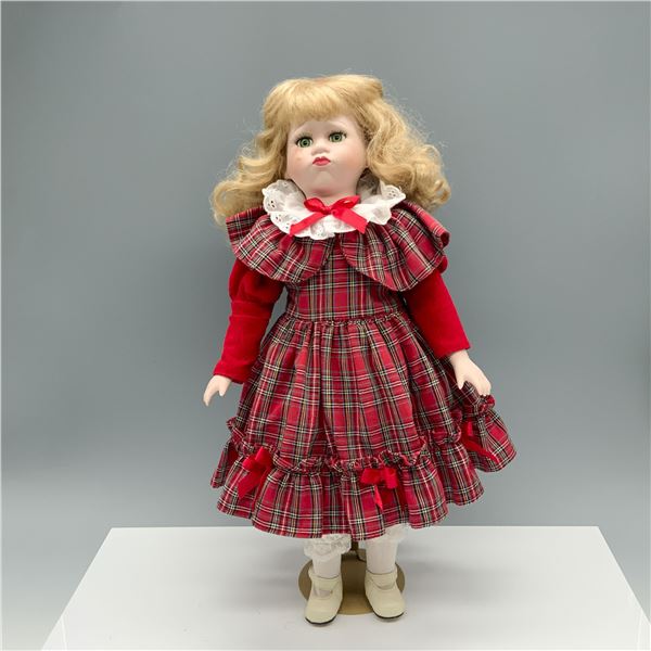 Teary Eyed Girl in a Plaid Dress Porcelain Doll