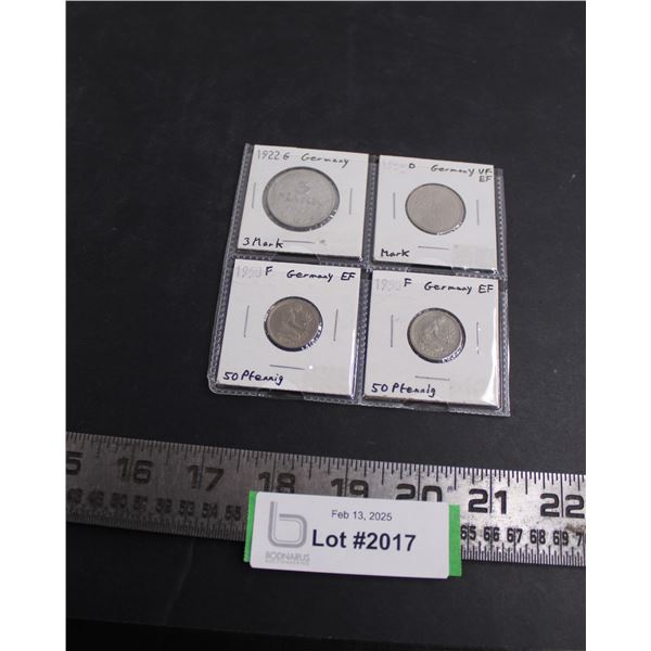 (4) German Coins (1922 - 3 Mark, 1950 1 Mark, 2 1950 1/2 Mark)