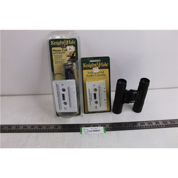 Bushnell 12x25 Binoculars with Lanyard, (2) Knight&Hale Animal Call Audio Cassettes (Moose Call & Lo