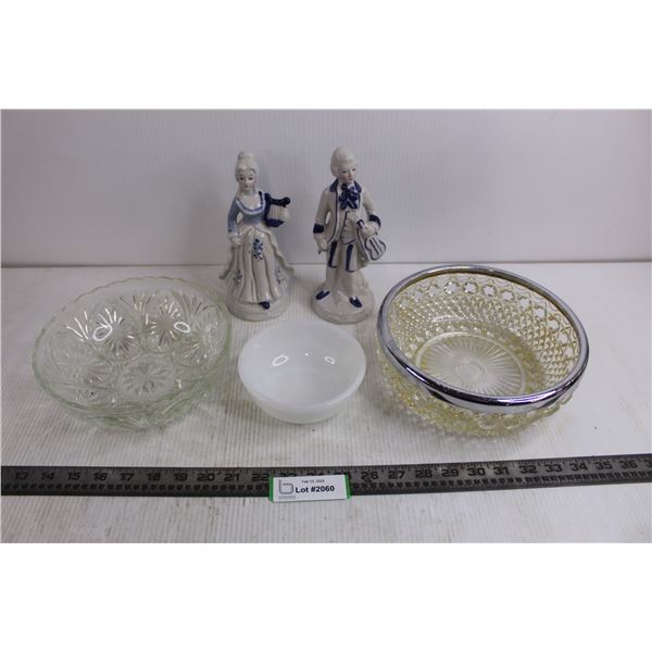 Pair of Ceramic Statuettes 8" Tall, (2) Vintage Glass Fruit Bowls, White Glass Dessert Dish