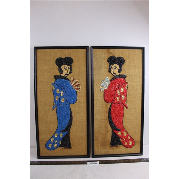 Pair of Wood Framed "Oriental Themed" Burlap Wall Art 12" x 25"