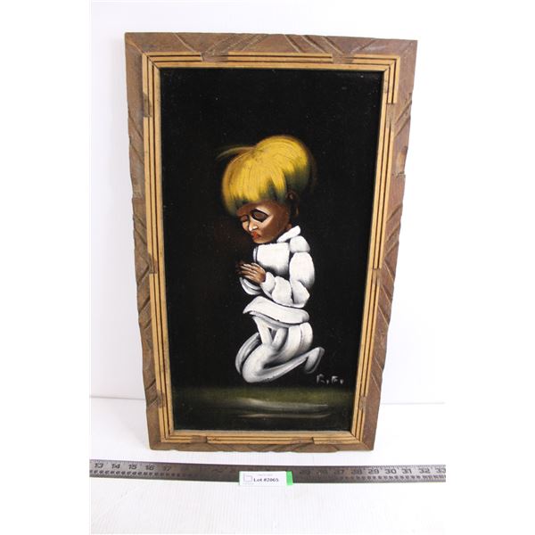 Wood Framed Velvet Painting  "Prayer Themed" Wall Art 14" x 23"