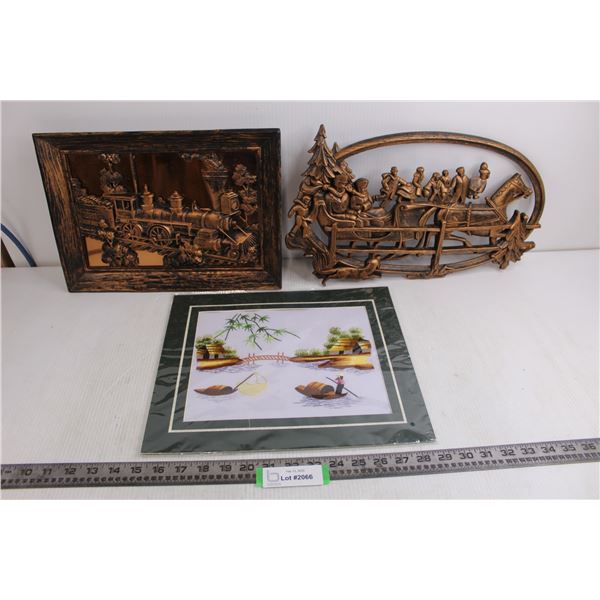 (3) Pieces of Wall Art (Oriental Print 14" x 12" NIB, Copper Color Horse Carriage 17" x 9", Copper B