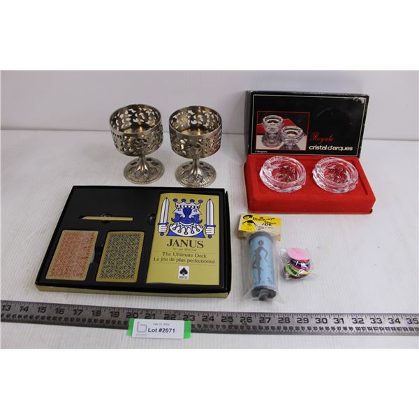 (2) Sets of Candle Holders (Metal from India & Royale Crystal from France), Hoyle Set of Playing Car