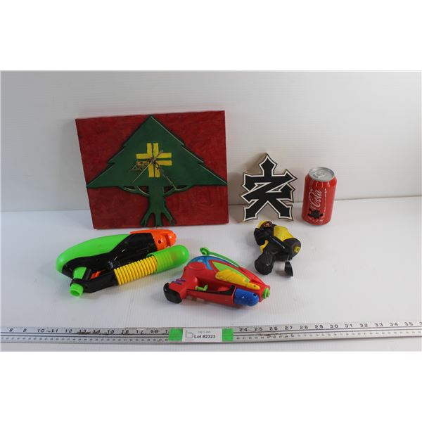 (3) Water Guns, Wall Clock, Coca Cola Can Puzzle and NY Decor