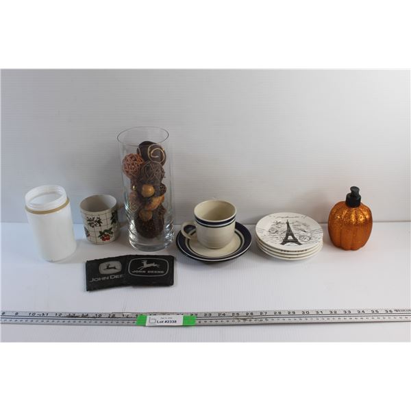 John Deere Coasters, Mugs, Saucer, Dessert Plates, Pumpkin Soap Dispenser, Clear Glass Vase and Misc
