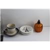 Image 2 : John Deere Coasters, Mugs, Saucer, Dessert Plates, Pumpkin Soap Dispenser, Clear Glass Vase and Misc