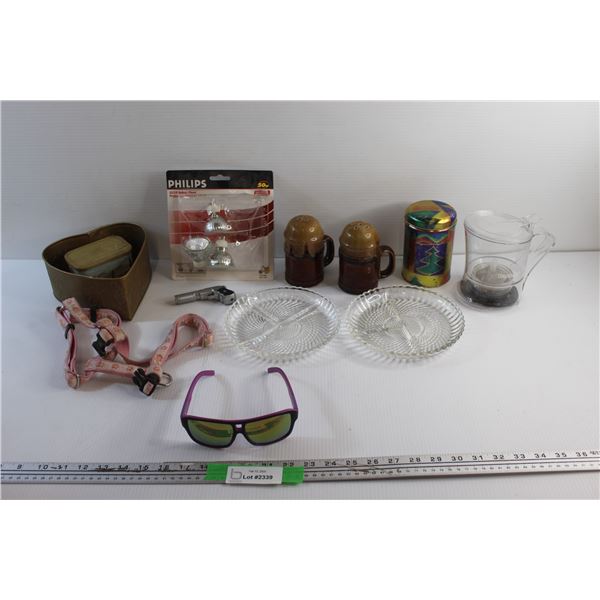 Dog Harness, Sunglasses, Tin Boxes, Ceramic Salt & Pepper Shakers, Indoor Flood Light Bulbs, (2) Div