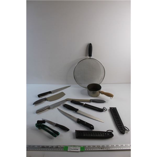 Kitchen Knives, Can Opener, Strainer and Small Cooking Pot