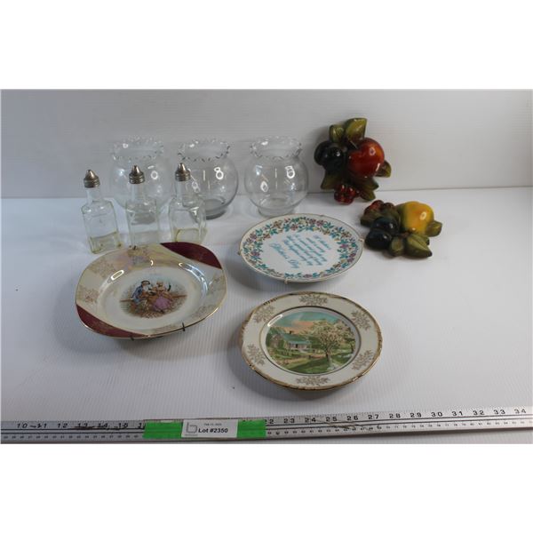 (3) Vinegar Bottles, (3) Clear Glass Vases, Fruit Wall Decor and (3) Decorative Plates