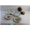 Image 1 : (3) Vinegar Bottles, (3) Clear Glass Vases, Fruit Wall Decor and (3) Decorative Plates