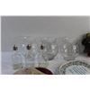 Image 2 : (3) Vinegar Bottles, (3) Clear Glass Vases, Fruit Wall Decor and (3) Decorative Plates