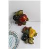 Image 5 : (3) Vinegar Bottles, (3) Clear Glass Vases, Fruit Wall Decor and (3) Decorative Plates