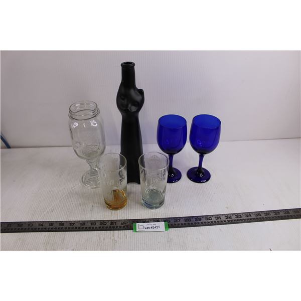 Drinking Glasses & "Cat" Shaped Bottle (Personalizable Glasses, Blue Glass Wine Glasses)