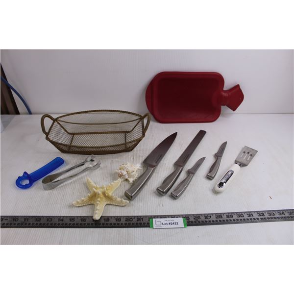 Set of 4 London Drugs Knives, Pillsbury Cookie Spatula, Metal Wire Basket, Hot Water Bottle, Utensil