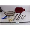Image 1 : Set of 4 London Drugs Knives, Pillsbury Cookie Spatula, Metal Wire Basket, Hot Water Bottle, Utensil