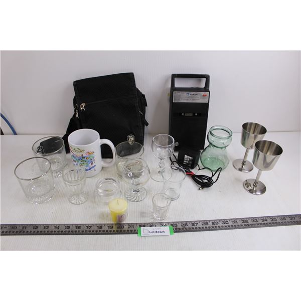 Keys Satchel, Assorted Liquor Glasses, Vintage Sanyo Tape Recorder - Untested